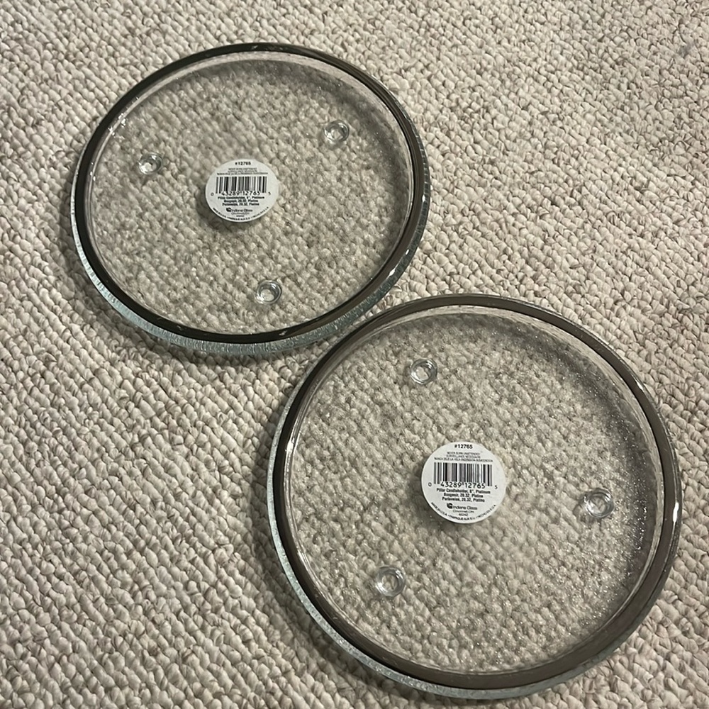 TWO 8” Footed Glass Candle Plates with Platinum Edges